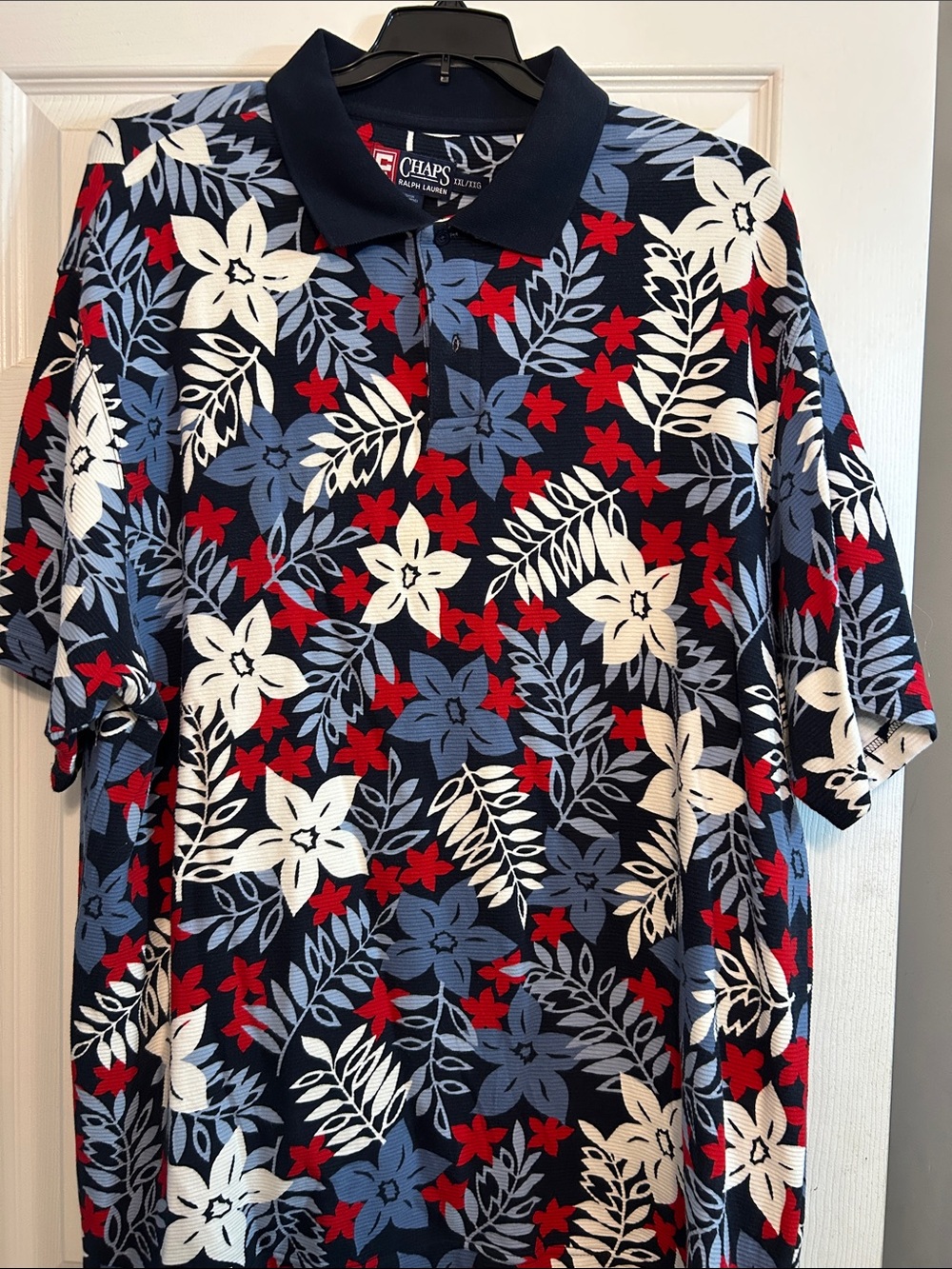 Chaps Navy Red White Floral Print Polo